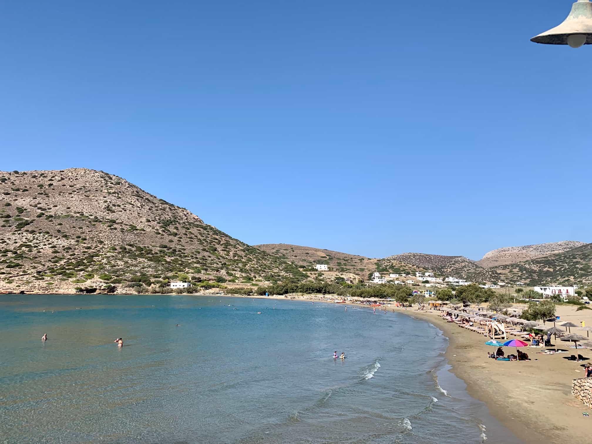 The view from Dolphin Bay Hotel, a family friendly Syros hotel overlooking Galissas Beach.