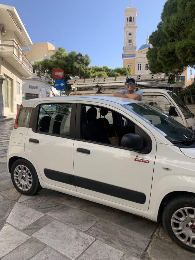 Renting a car in Syros is easy. Here is our Fiat Panda in Syros.