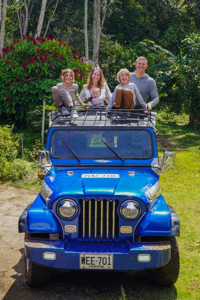 Taking a jeep tour to a chocolate farm in Colombia.