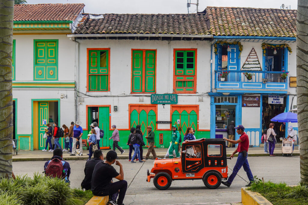 Salento Colombia is a picturesque colonial town and a fun place for kids to drive a Jeepao.