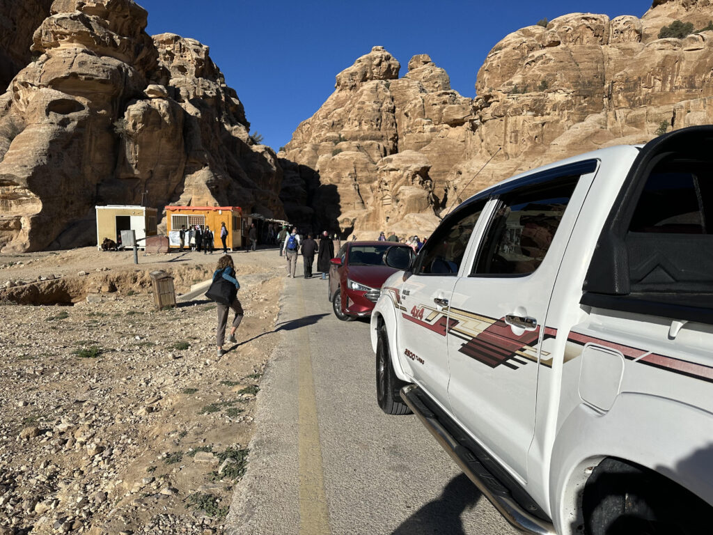 We had a truck take us to the entrance to Little Petra and help us get our tickets before heading into the Back Route to the Monastery in Jordan. 