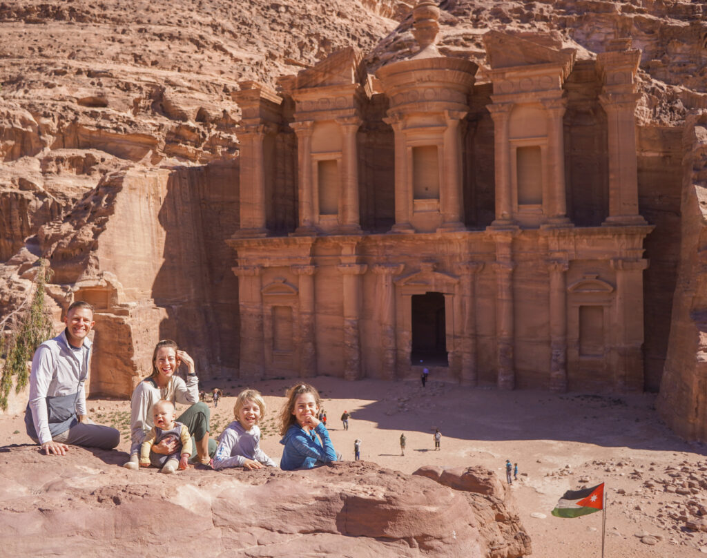 Our family in Jordan, where we asked out kids to do the research and tell us all about the history of Petra as part of their world schooling assignment for the week. 