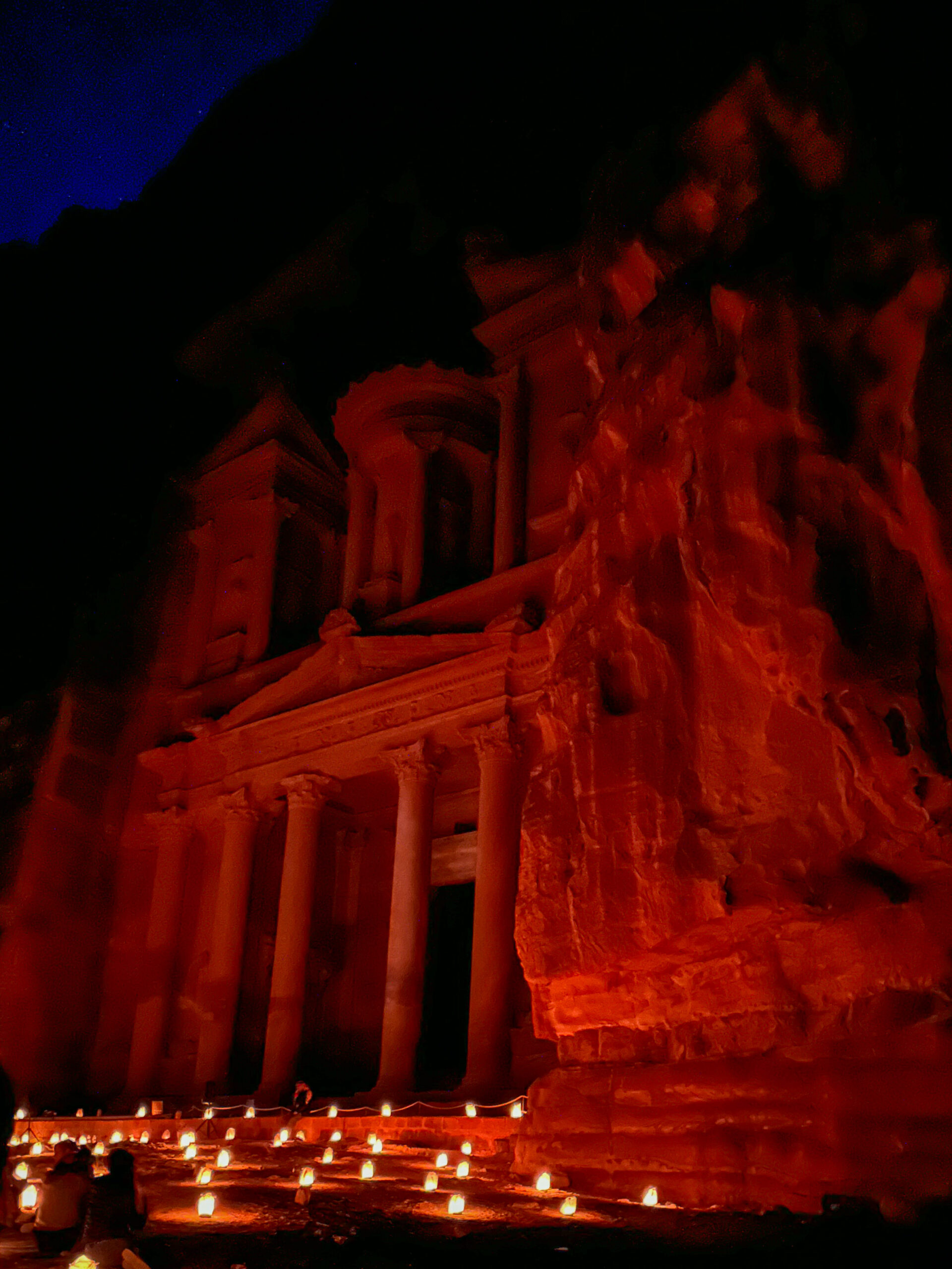 The night show at Petra By Night had a musician and a colorful light show on The Treasury. 