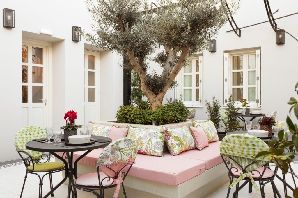 Castro Hotel's outdoor patio in Ermoupolis is a luxury hotel in the heart of Syros Greeece.