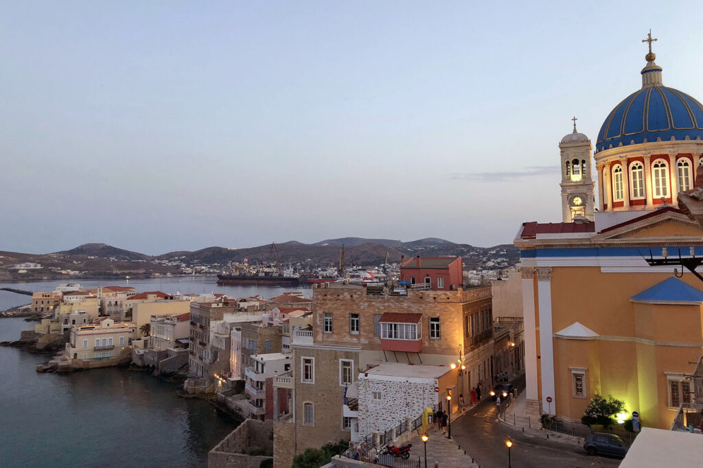 Syrou Melathron Hotel has beautiful views of the iconic cathedral in Ermoupoli. 
