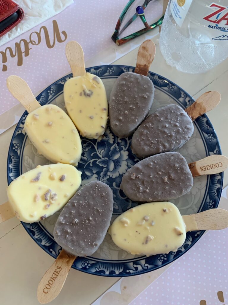These ice cream bars, along with shots of liquor, are served at the end of your meal at this restaurant in Syros called Tsipouradiko tis Myrsinis.